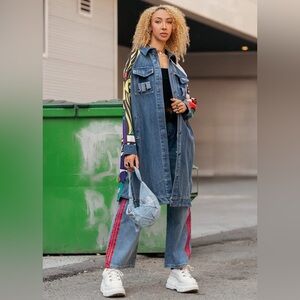 Denim Long Jacket with Multicolor Sleeves